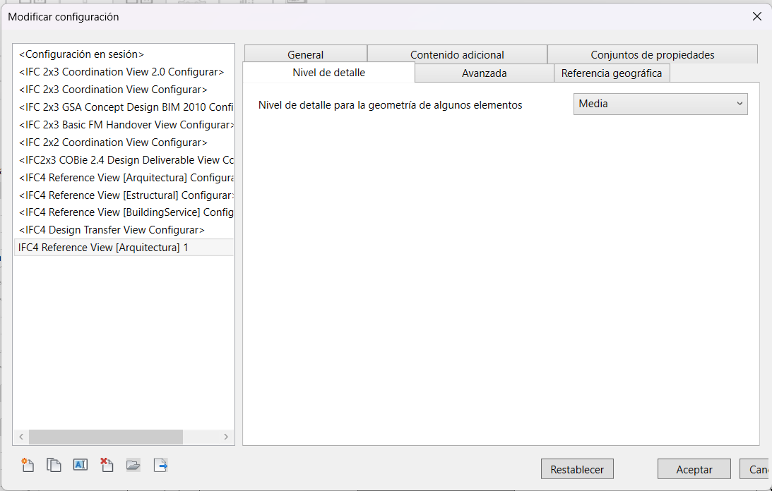Pestaña Nivel de detalle de Modificar configuración, con «Nivel detalle para la geometría de algunos elementos» puesto en Media