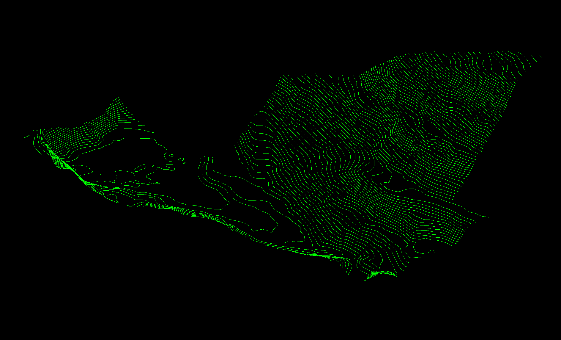 DXF en vista 3D, con las curvas de nivel a sus cotas reales