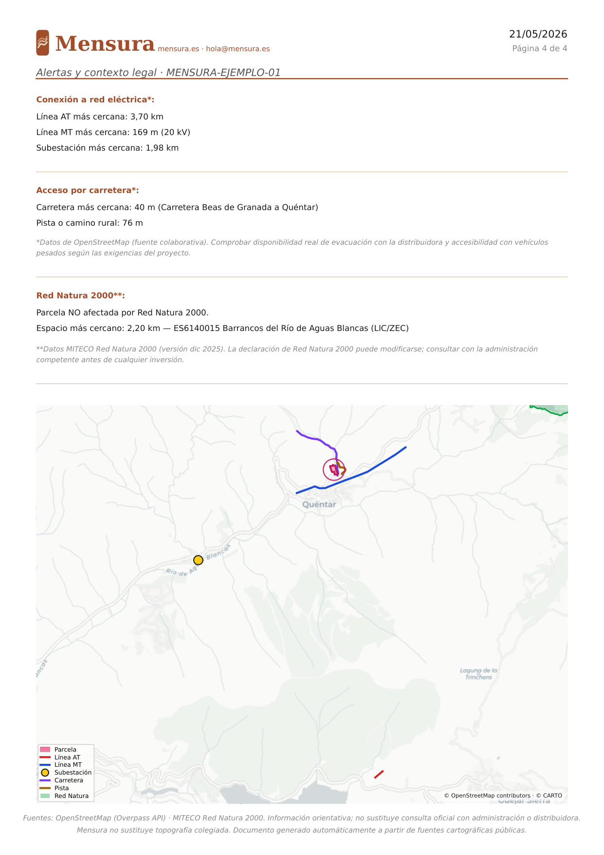 Página 4 del informe: alertas y contexto legal (red eléctrica, acceso por carretera, Red Natura 2000).